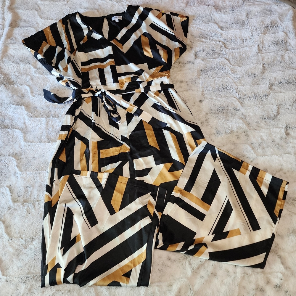 Luxeology Geometric Black and Gold Wide Leg Jumpsuit - Size XL Petite Length - Picture 2 of 16
